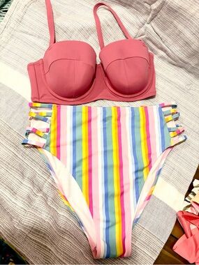 Pink Molded Bikini Top with Rainbow Stripe High-Waist Bottom Xhilaration & Shade